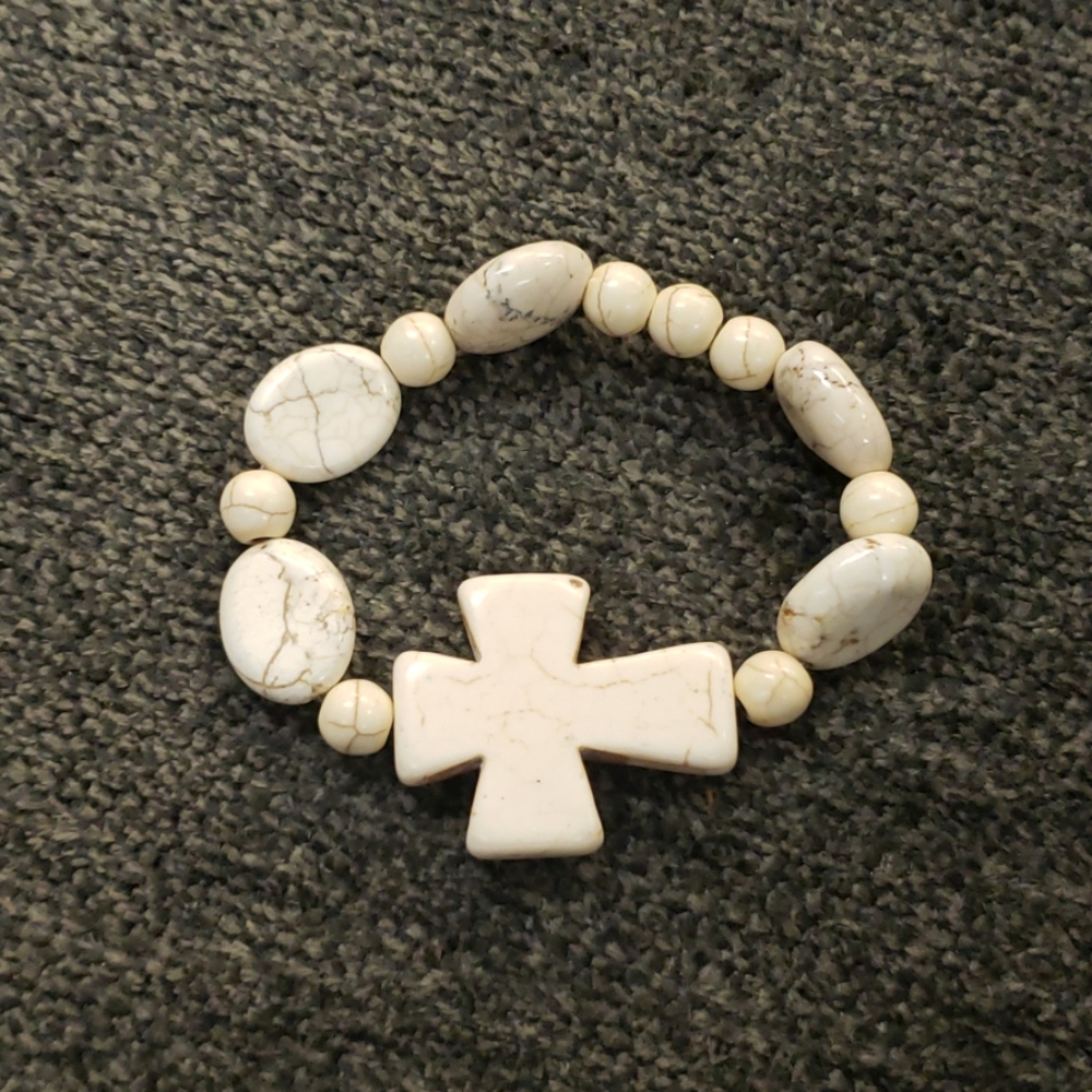 Stretchy handmade stone bracelet cross